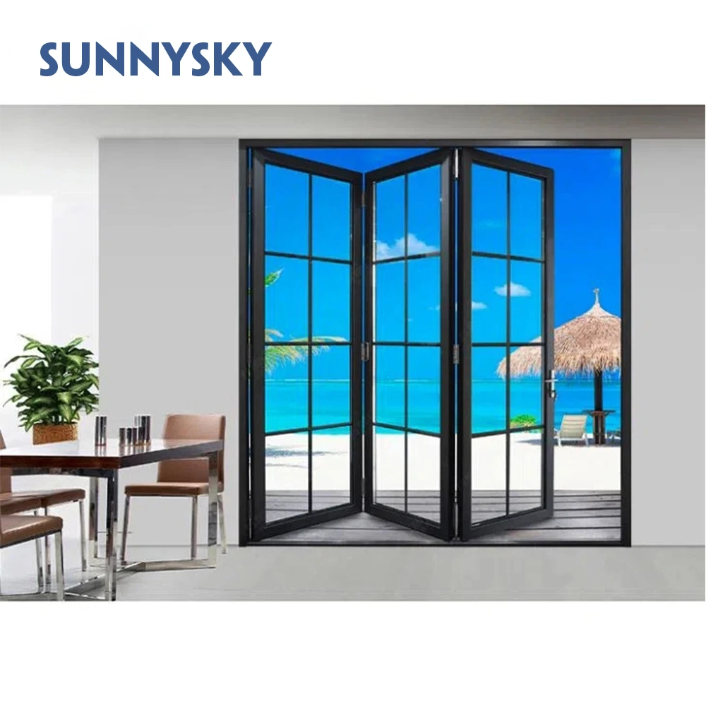 Exterior black accordion bi-folding door with double glazing