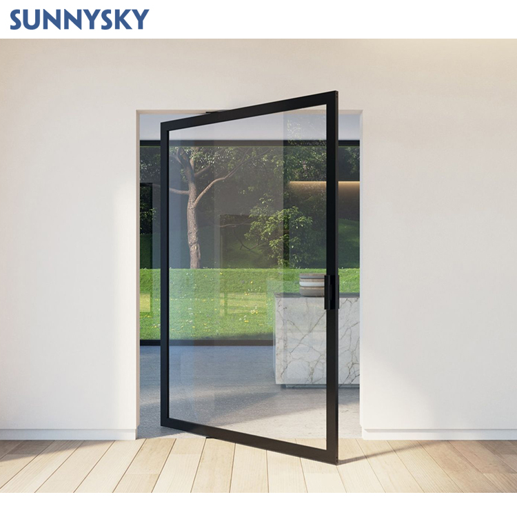 Sunnysky Black Aluminum Glass Pivot Entry Door Modern Automatic Aluminum Pivot Door for Home Entry