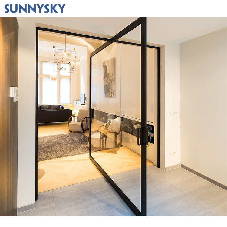 Sunnysky Black Aluminum Glass Pivot Entry Door Modern Automatic Aluminum Pivot Door for Home Entry