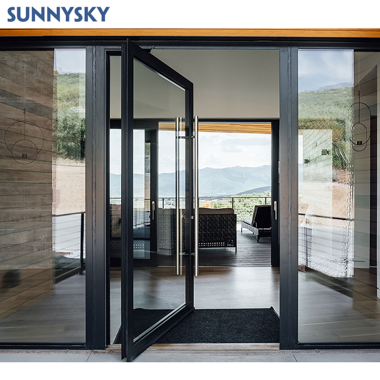 Sunnysky Black Aluminum Glass Pivot Entry Door Modern Automatic Aluminum Pivot Door for Home Entry