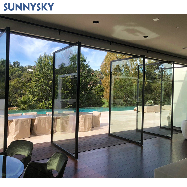 Sunnysky Black Aluminum Glass Pivot Entry Door Modern Automatic Aluminum Pivot Door for Home Entry