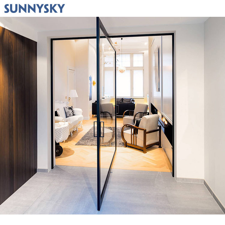 Sunnysky Black Aluminum Glass Pivot Entry Door Modern Automatic Aluminum Pivot Door for Home Entry