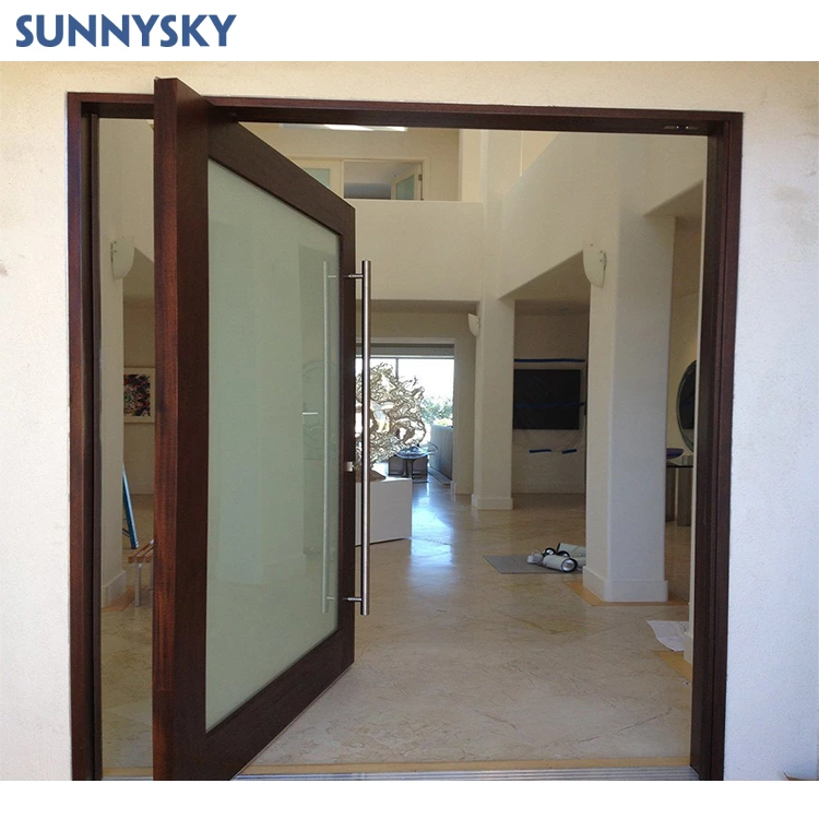 Sunnysky Black Aluminum Glass Pivot Entry Door Modern Automatic Aluminum Pivot Door for Home Entry