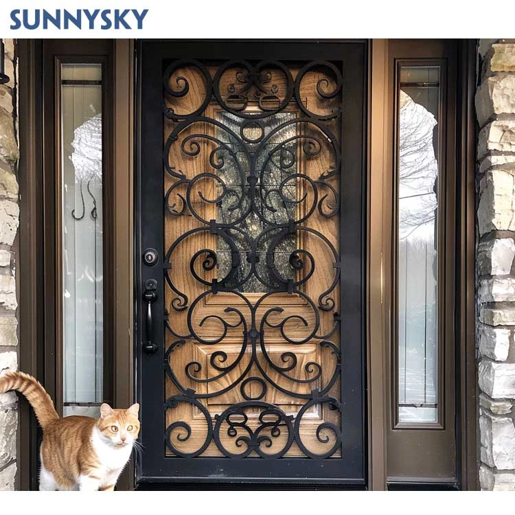 Sunnysky Luxury Style Tempered Glass Exterior Other Main Doors Double Security Front Entry Wrought Iron Doors For Houses