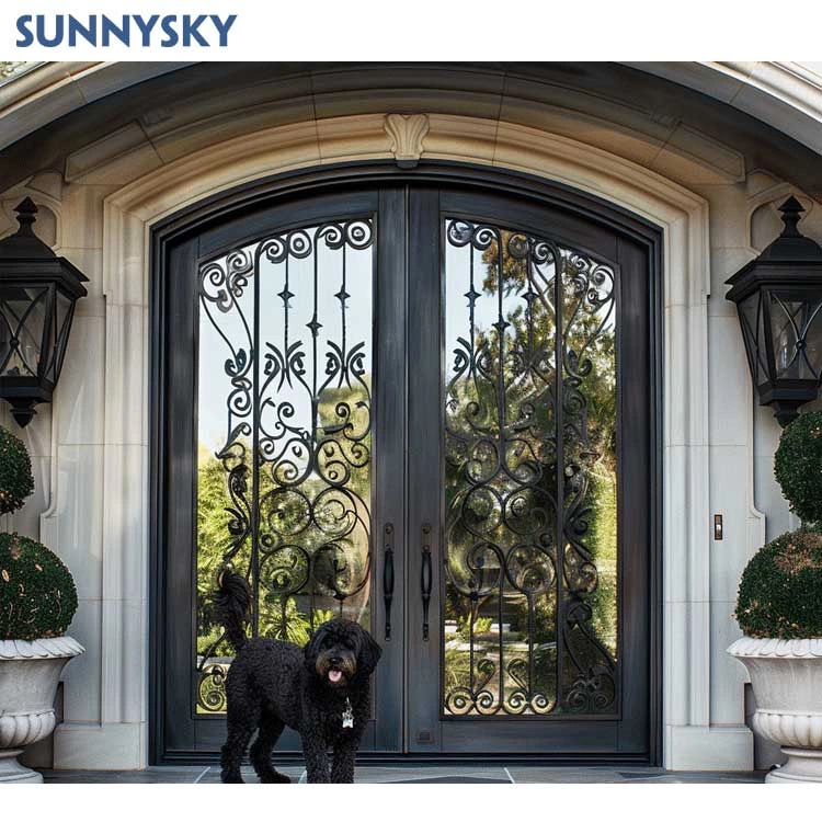 Sunnysky Modern exterior security metal door custom french thermaly broken wrought iron double entrance door