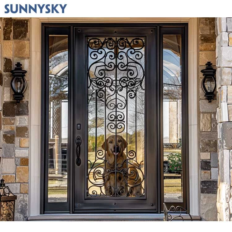 Sunnysky Modern exterior security single metal door custom french style wrought iron storm front entry doors with sidelights