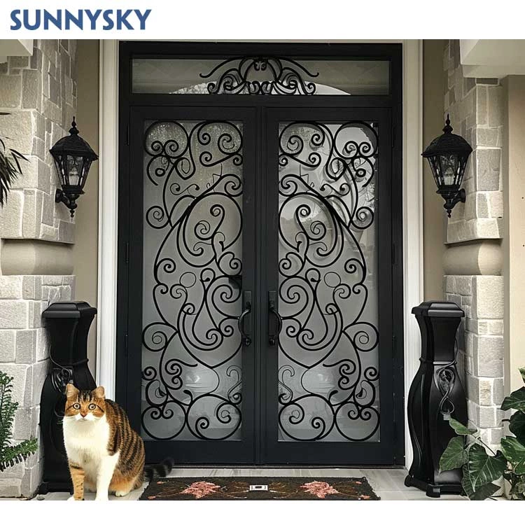 Sunnysky luxury main house door flat top wrought iron double entrance front doors