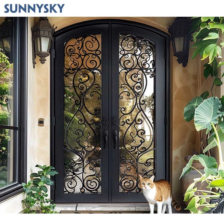 Sunnysky Wrought Iron Door Entry Wooden Door Decorative Cast Iron Grill Design Exterior Front Door