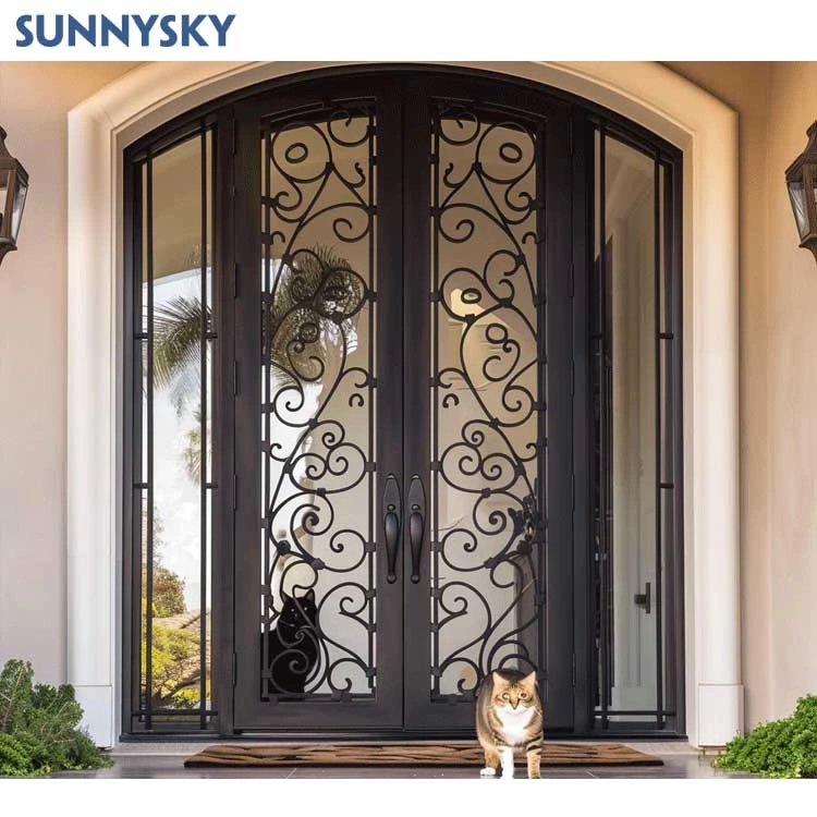 Sunnysky Modern Iron Door Designs Double Front Doors For Entry Security Main Entry Wrought Iron Door