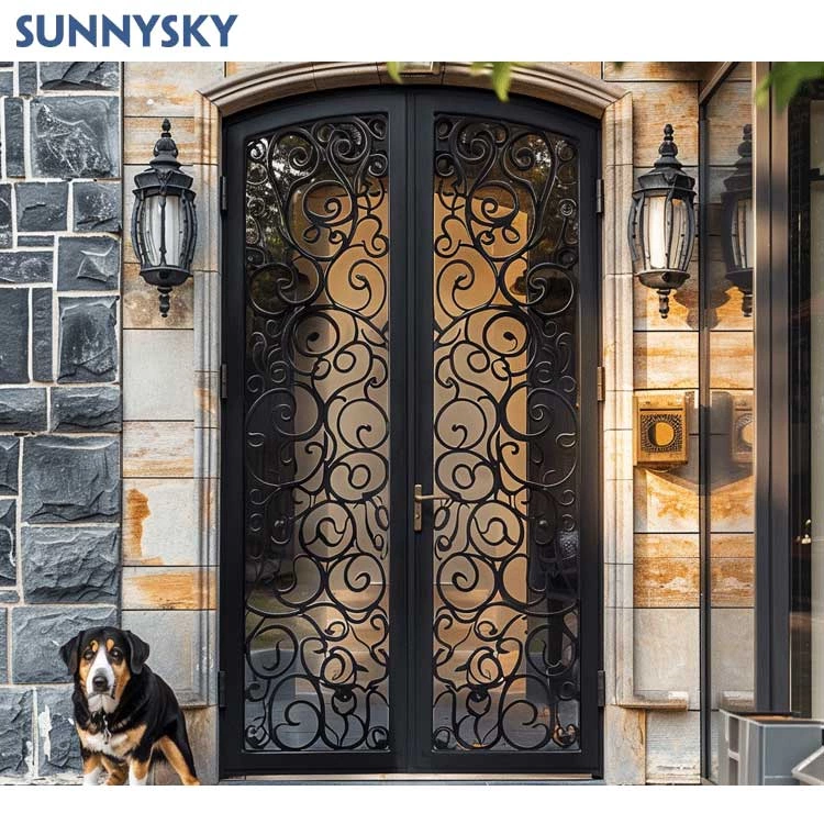 Sunnysky Modern Iron Door Designs Double Front Doors For Entry Security Main Entry Wrought Iron Door