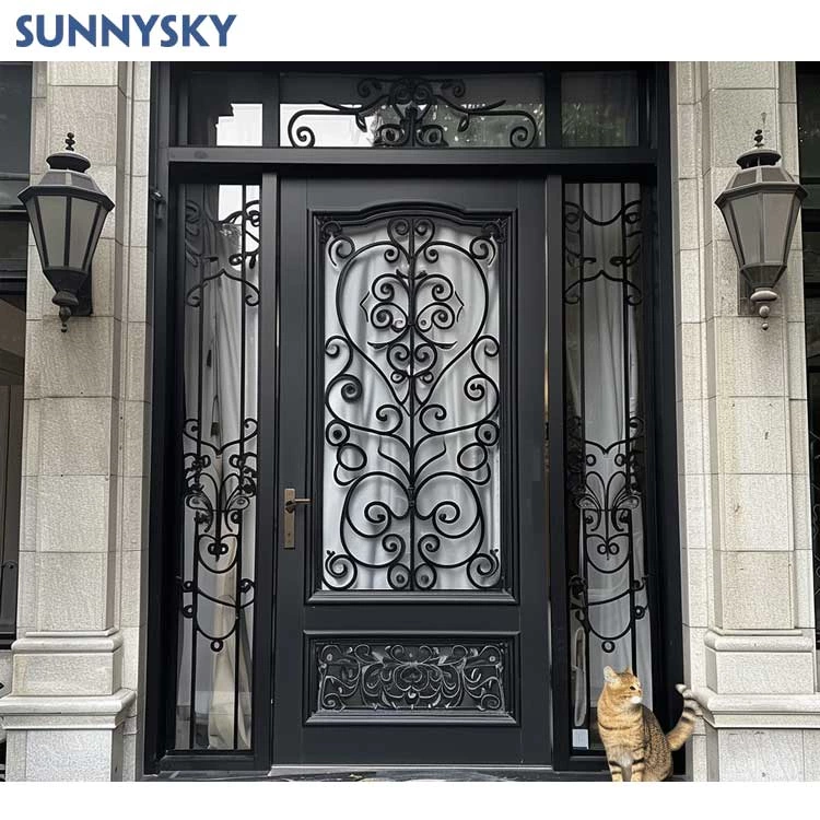 Sunnysky Customized Size Acceptable Glass Main Entrance Front Wrought Iron Door