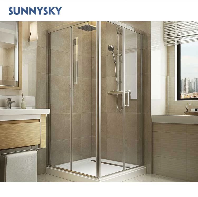 Sunnysky Modern Black Sliding Shower Door Enclosure 6mm Glass With Double Sliding Square Aluminum Frame For Hotels And Shower Rooms