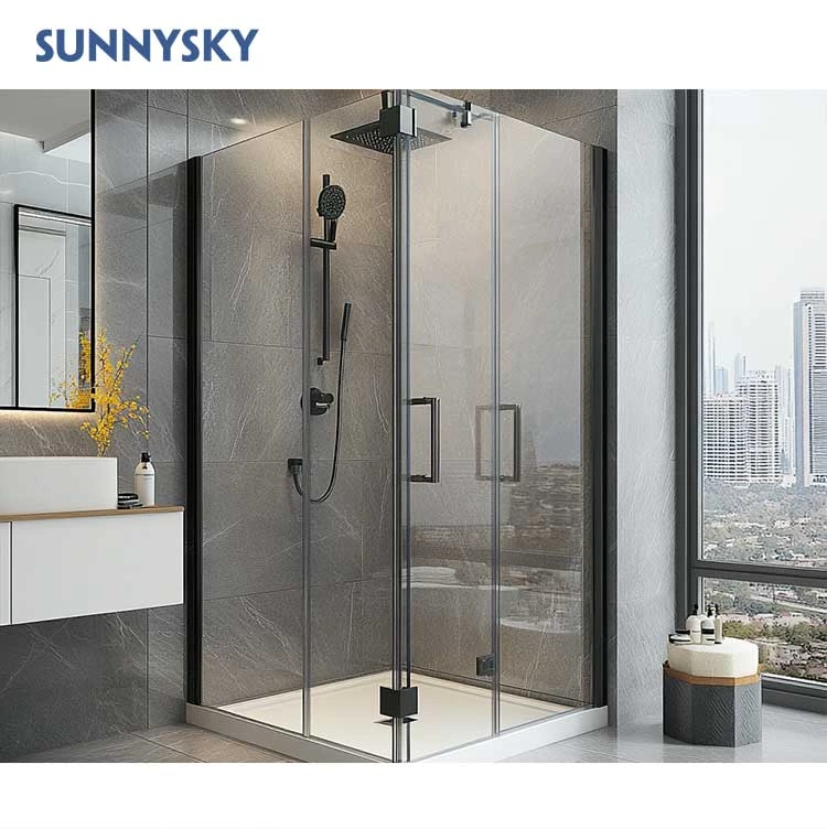 Sunnysky Hotel Sliding Shower Doors Bathroom Enclosure Home Villa Black Aluminum Shower Enclosure Sliding 8mm Glass Shower Door Screen
