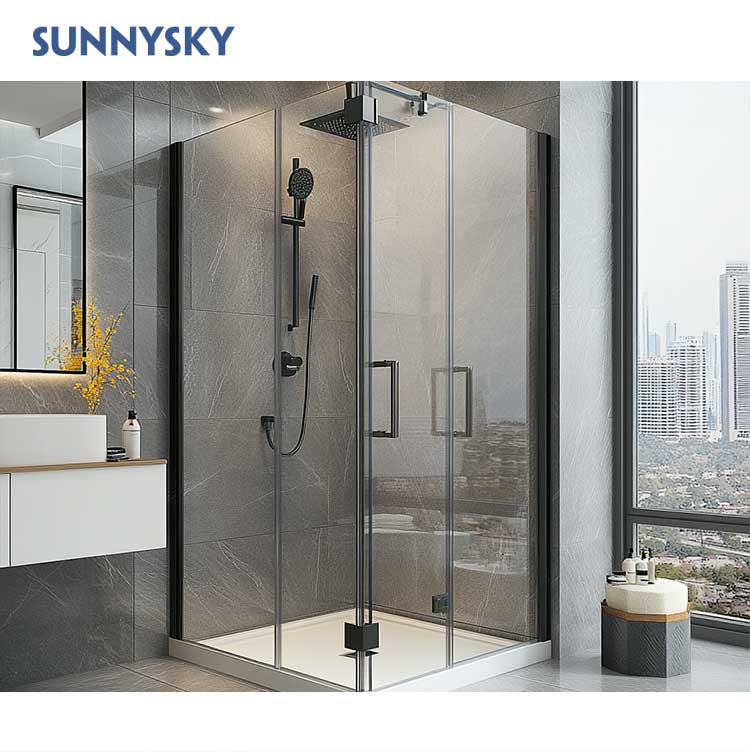 Sunnysky Hotel Sliding Shower Doors Bathroom Enclosure Home Villa Black Aluminum Shower Enclosure Sliding 8mm Glass Shower Door Screen