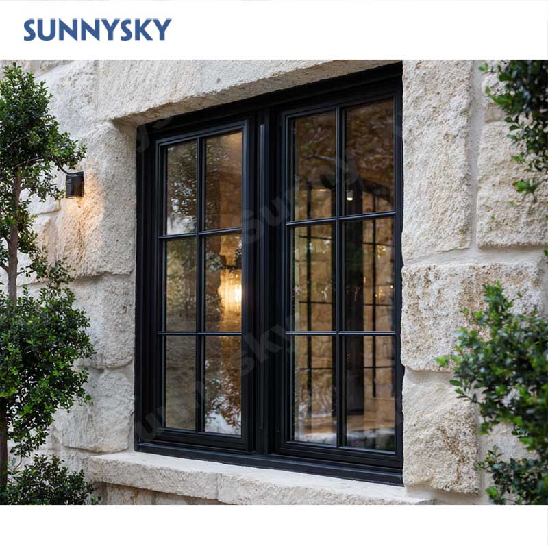 Sunnysky NFRC Aluminium Corner Bay Heat Insulation Low-E Double Glazed Fixed Textured Bow Window Casement Bay Aluminium Windows