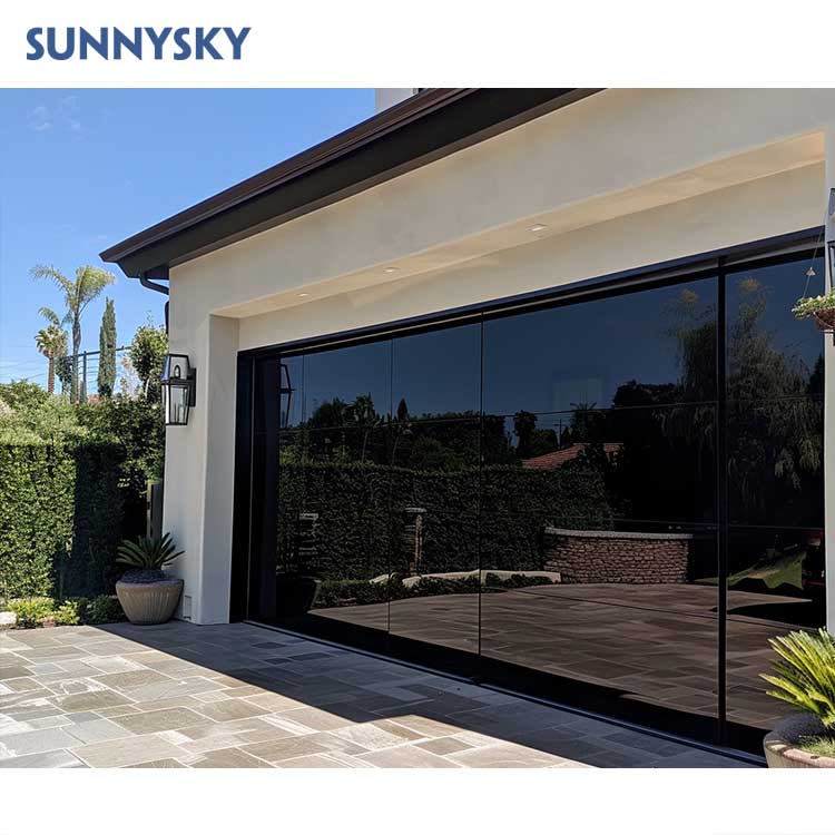 Sunnysky Modern Custom Automatic Overhead Aluminum Sectional Frameless Mirror Black Tempered Glass Garage Doors Windproof Villas