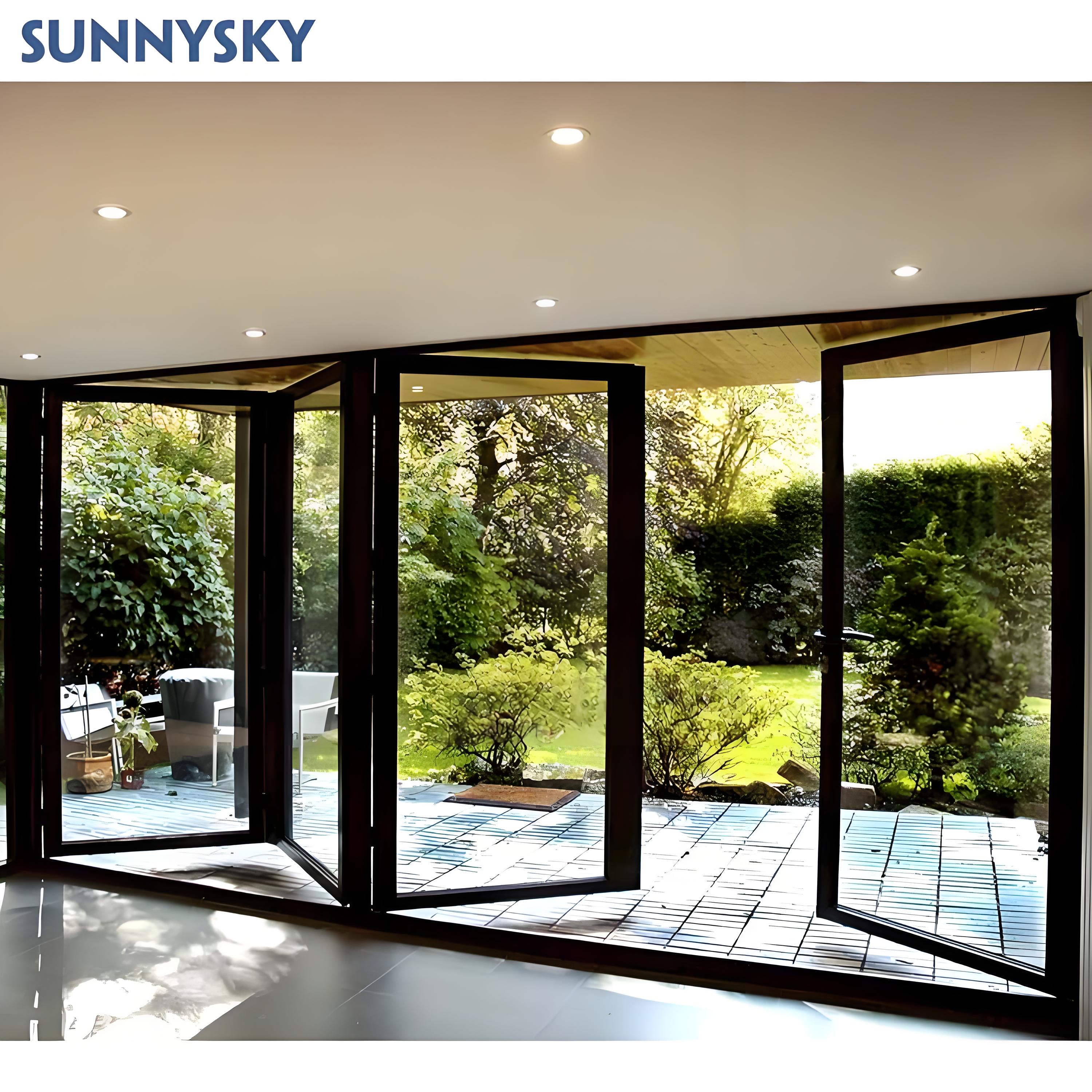 Sunnysky Exterior Panoramic Double Glazed Aluminum Bi Folding Accordion Glass Bifolding Doors Patio Balcony Folding Doors