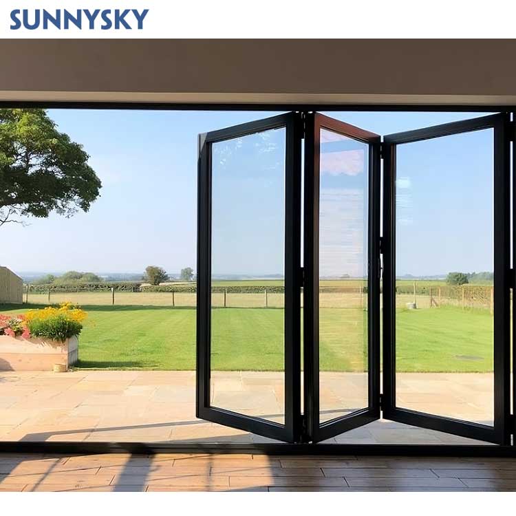 Sunnysky German Standard Aluminum Framed Folding Screen Door Double Hollow Glass Insulation System Organ Type Bifold Folding Doors