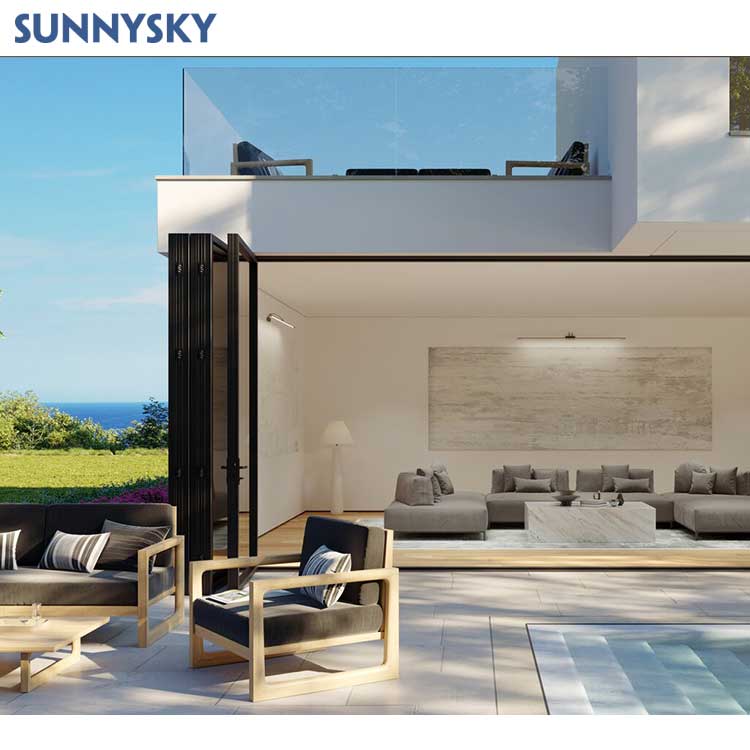 Sunnysky Customized Veranda Exterior Accordion Bi-fold Door Glass Hurricane Proof Sliding Patio Multi Panels Aluminum Bi Folding Door
