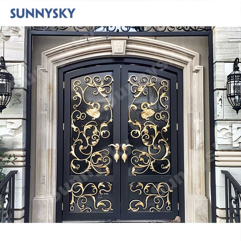 Sunnysky Modern Double Iron Door with Glass Finished Wrought Iron Entry Wrought Iron Exterior House for Villas Manual Opening