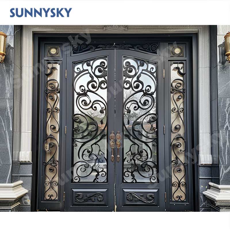 Sunnysky American Door French Entry Main Exterior Entrance Patio Double Front Customized Beautiful Wrought Iron Entry Doors