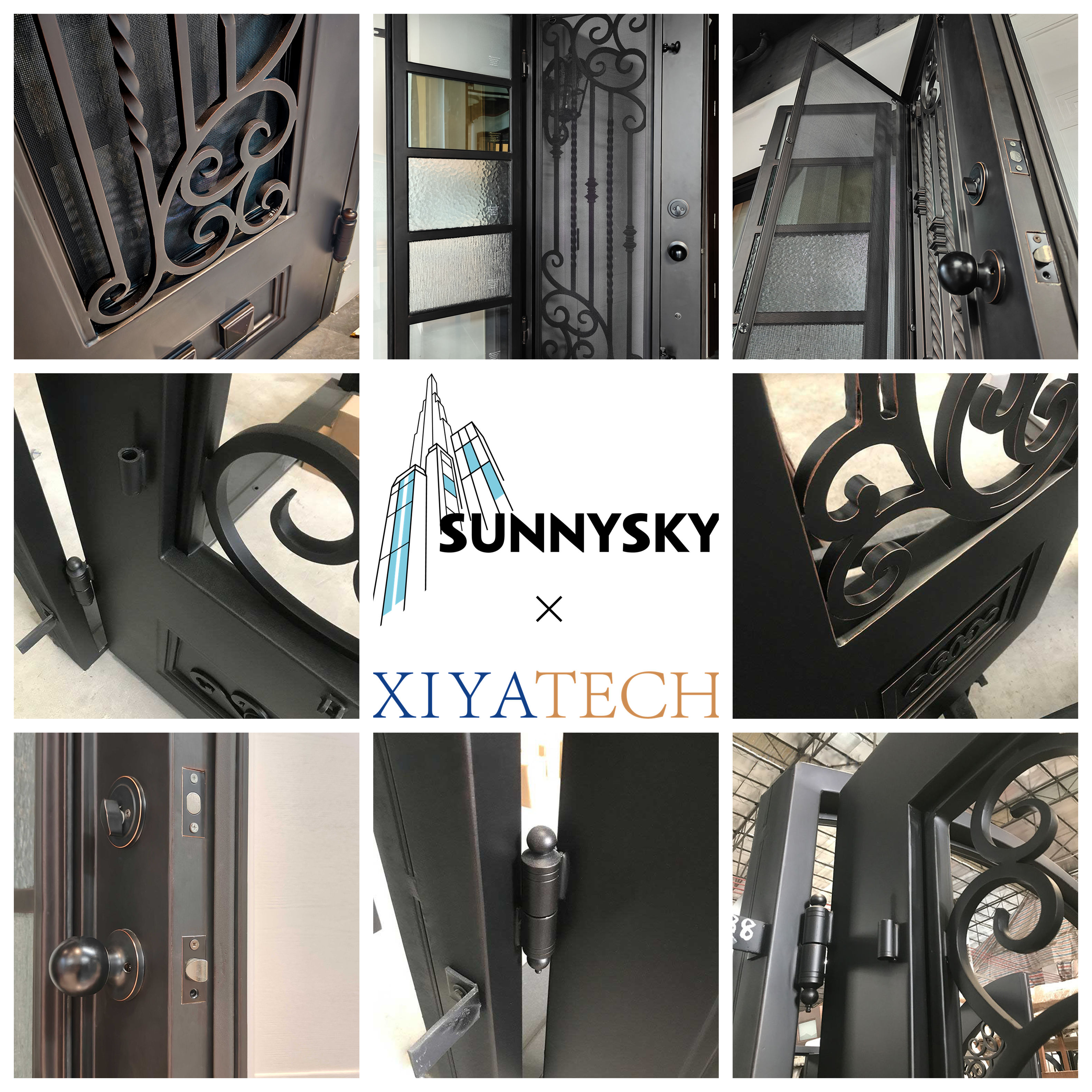 Sunnysky Modern Entrance Steel Door Superior Quality Aluminum Wrought Iron Glass Finished Surface Manual for Villas Made China