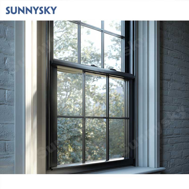 Sunnysky NFRC Modern Design Windproof Aluminum Hung Window Customized Factory Wholesale Grille Design Vertical Opening Pattern Fixed Open
