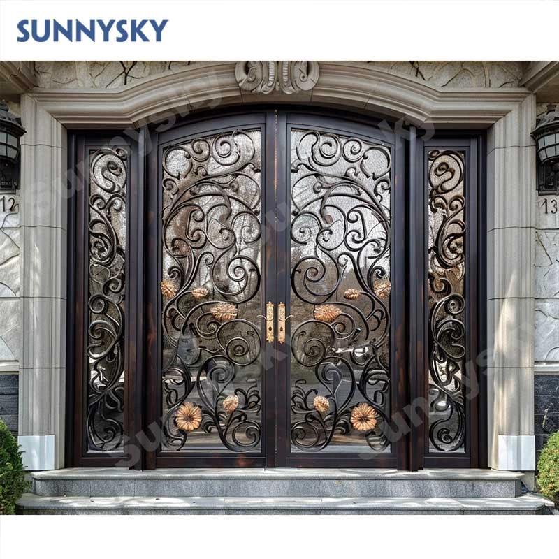 Sunnysky High Quality Durable Fashion Safety Energy Efficiency Front Entry Double Glazed Glass Black Wrought Iron Door