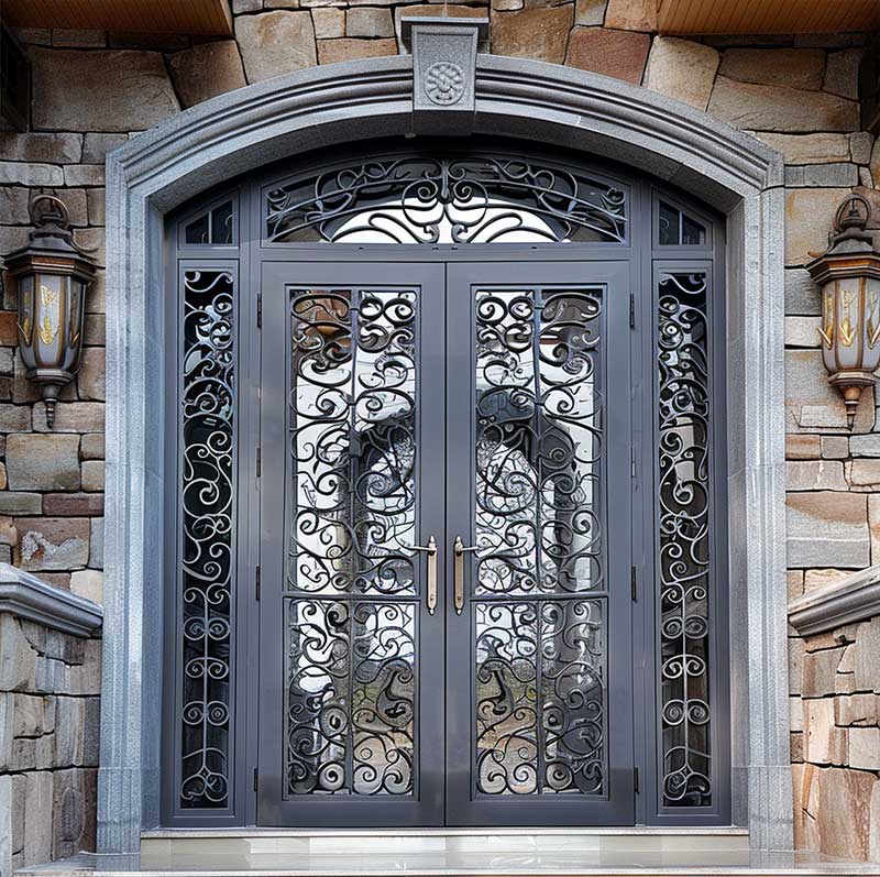 Sunnysky Custom Wrought Iron Doors Weatherproof EPDM Seals Insulated Polyurethane Core Luxury Estate Mansion Doorways