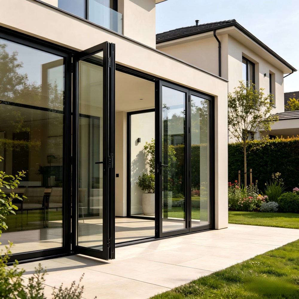 Sunnysky Aluminum Bi Fold Door Thermal Break Low E Glazing Multi Point Lock Mansion Backyard Patio Access System